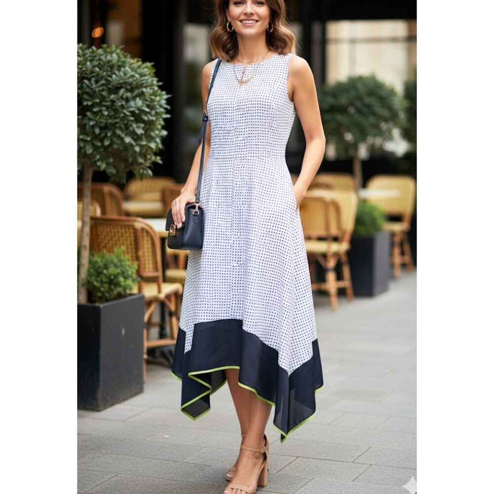 NWT Donna Karan New York Size 6 Midi Dress Assymetric Handkerchief Hem Pockets